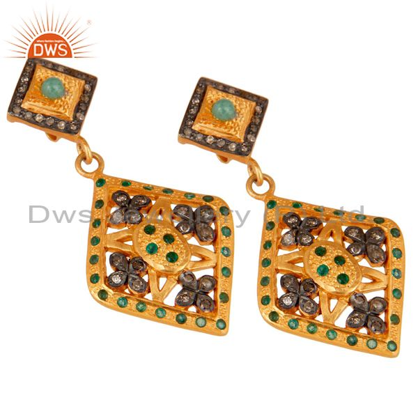 Exporter 18K Yellow Gold Over 925 Sterling Silver Emerald & Diamond Earrings