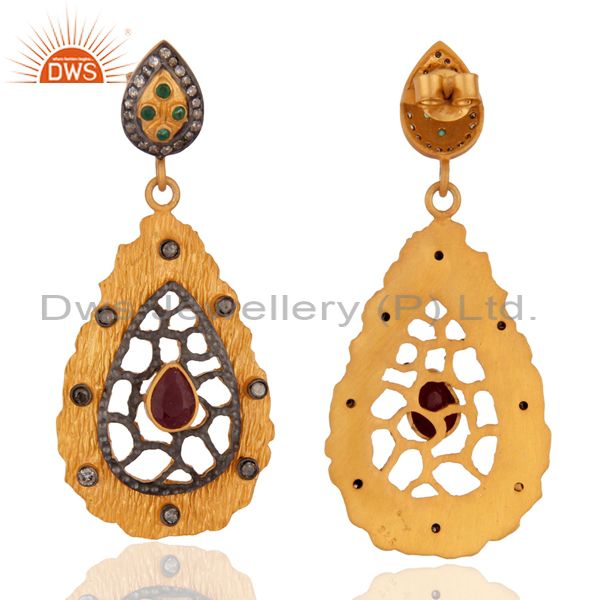 Exporter Handmade Gold Plated Sterling Silver Natural Ruby Gemstone Pave Diamond Earrings