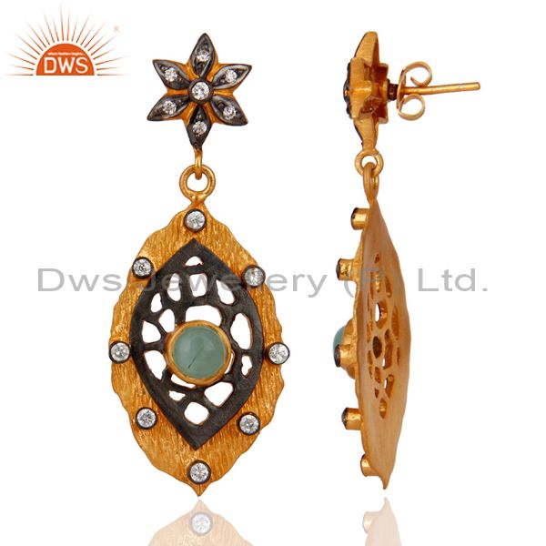 Suppliers Dyed Green Chalcedony And Cubic Zirconia 18K Gold Plated Party Wear Drop Earring