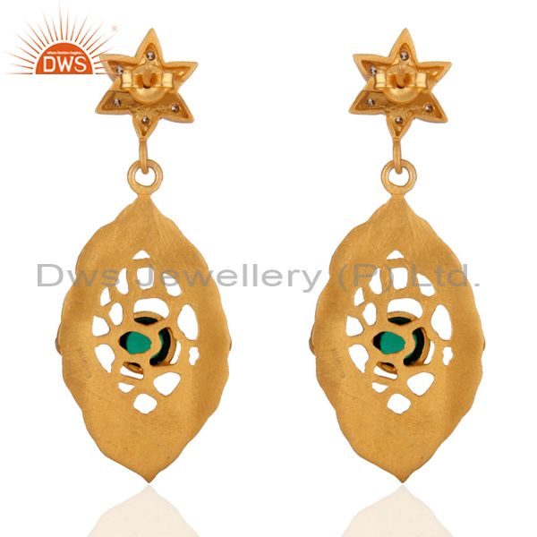 Exporter Simulated Diamond Green Glass Antique Look Earring 18k Yellow Gold Plated