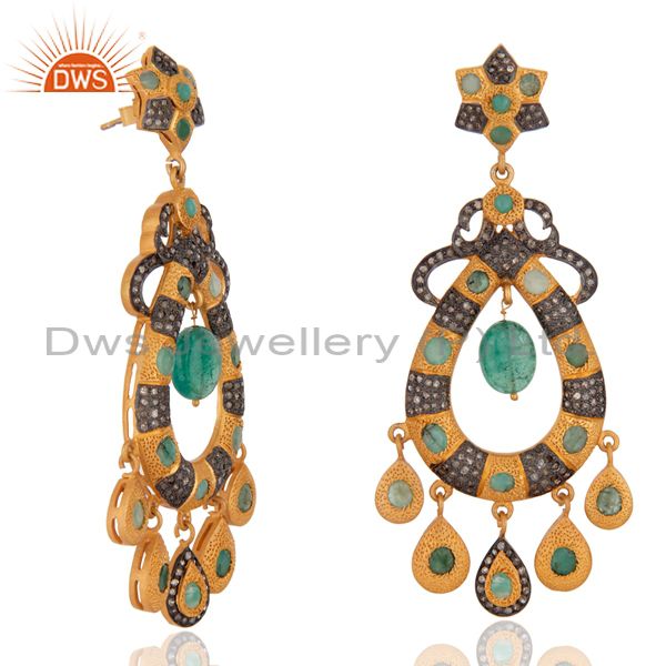Exporter Luxury Natural Emerald Chandelier Earrings Diamond 18k Gold Over 925 Silver Jewe