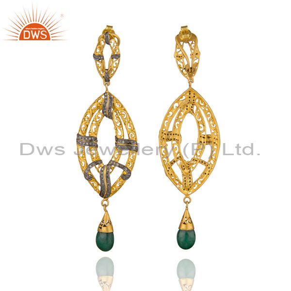 Exporter Indian Handmade 18k Gold Pave Diamond Emerald Drop Gemstone Earring Jewelry