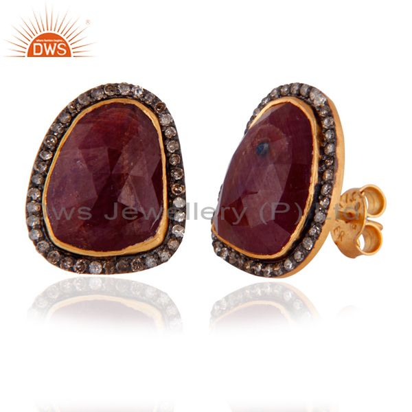 Exporter 925 Sterling SIlver Ruby Gemstone Pave Diamond Ladies Stud Earrings