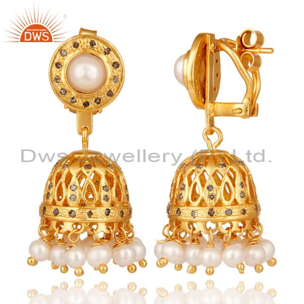 Exporter 18K Gold Plated Pearl and Diamond Sterling Silver Jhumka Earring