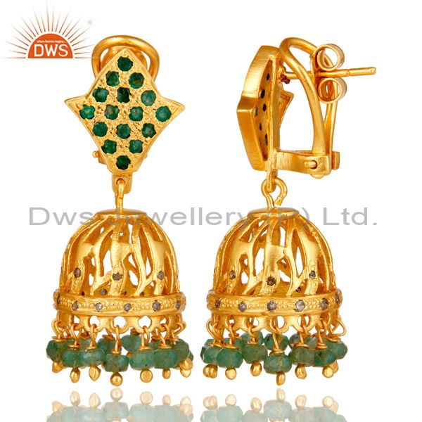 Exporter Natural Emerald and Diamond Jhumka Earring 18K Gold Plated Sterling Silver