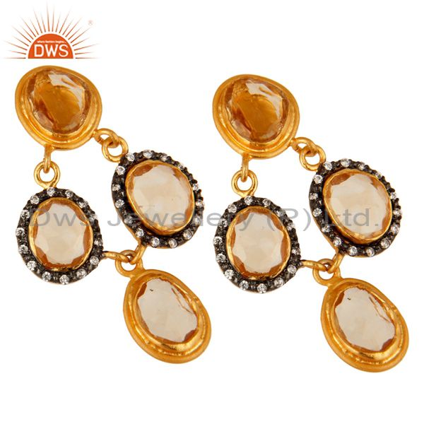 Exporter 14K Gold Plated Sterling Silver Citrine And White Zircon Earrings