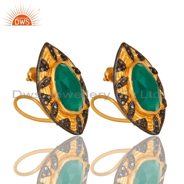 Exporter 18K Gold Over Sterling Silver Pave Diamond Green Onyx Screw Back Stud Earrings