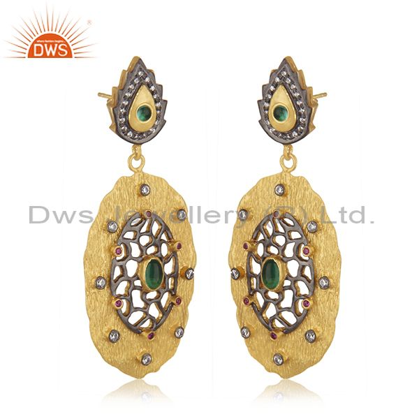 Exporter 18kt Gold Plated Cubic Zirconia Green Glass Designer Handmade Earring Jewelry