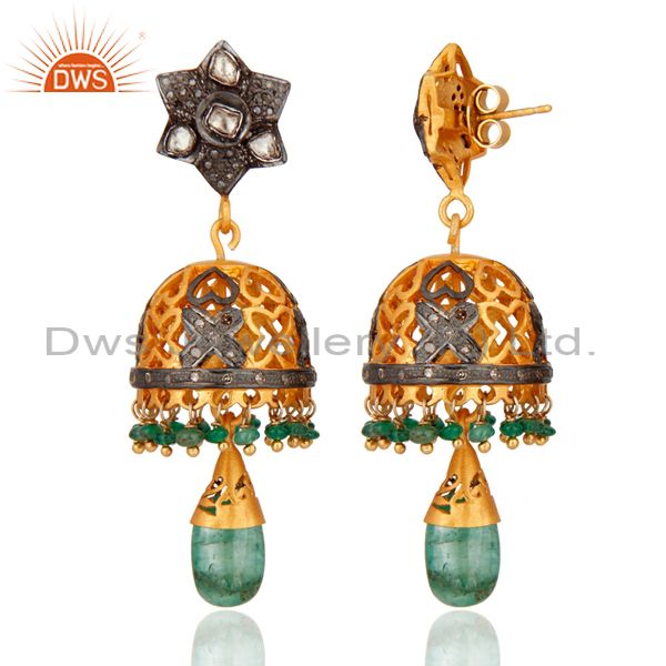 Exporter 18K Gold Over Sterling Silver Rose Cut Diamond Emerald Dangle Jhumka Earrings
