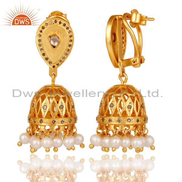 Exporter Diamond and White Pearl Beaded Jhumka Earring 18K Gold Plated Sterling Silver