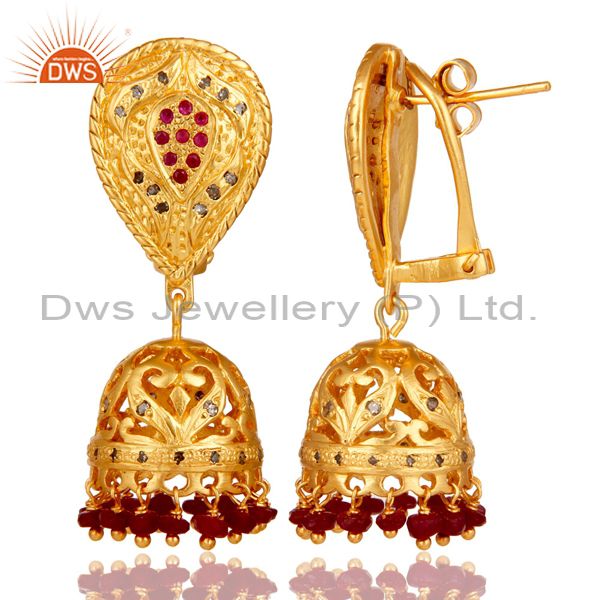 Exporter Diamond and Ruby 18K Gold Plated Jhumka Sterling Silver Traditional Earring