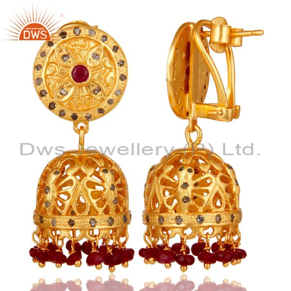 Exporter Natural Ruby and Diamond Traditional Jhumka Earring 18K Gold Plating 925 Silver