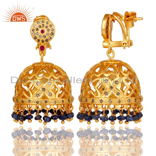 Exporter Blue Sapphire, Diamond and Ruby 18K Gold Plated Sterling Silver Jhumka Earring