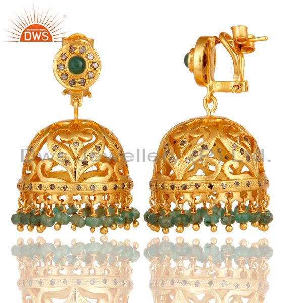 Exporter Emerald and Diamond 18K Gold Plated Jhumka Sterling Silver Traditional Earring