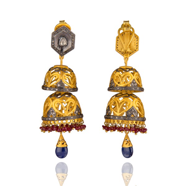 Ruby and Diamond 18K Gold Plated Sterling Silver Jhumka Traditional Earring