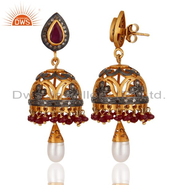 Exporter Natural Ruby Gemstone Pave Diamond High Fashion Studs Back Screw Pearl Earrings