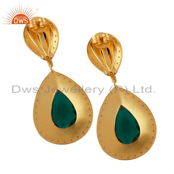 Exporter 14K Yellow Gold Plated Brass Green Glass And CZ Wedding Fashion Drop Earrings
