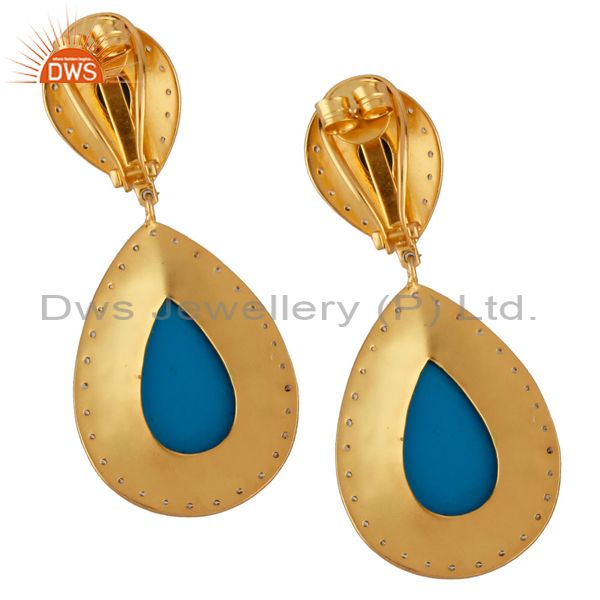 Exporter 14K Yellow Gold Plated Brass Turquoise And CZ Bridal Fashion Drop Earrings