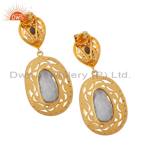 Exporter 14K Yellow Gold Plated Brass Rose Chalcedony And CZ Designer Dangle Earrings