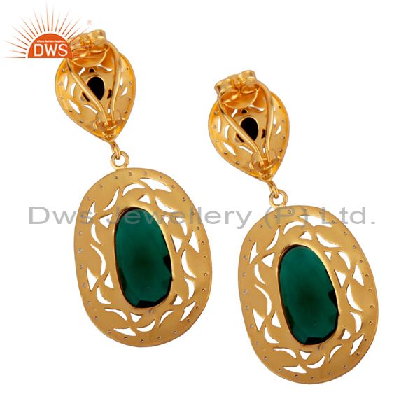 Exporter 14K Yellow Gold Plated Brass Hydro Green And CZ Designer Dangle Earrings