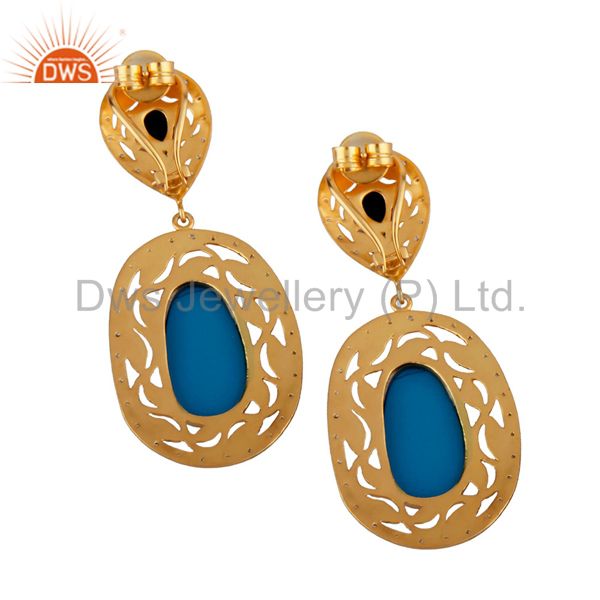 Exporter 14K Yellow Gold Plated Brass Turquoise And CZ Womens Designer Dangle Earrings
