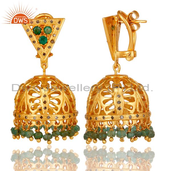 Exporter Diamond and Emerald 18K Gold Plated Sterling Silver Traditional Jhumka Earring