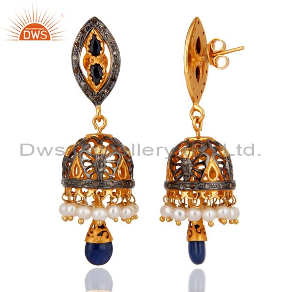Exporter Blue Sapphire Pearls Sterling Silver Indian Traditional Filigree Dangler Earring