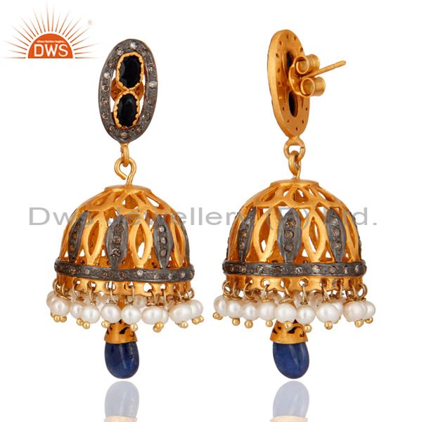 Exporter Blue Sapphire Gemstone Pave Diamond 925 Sterling Silver Pearl Earrings Jewelry