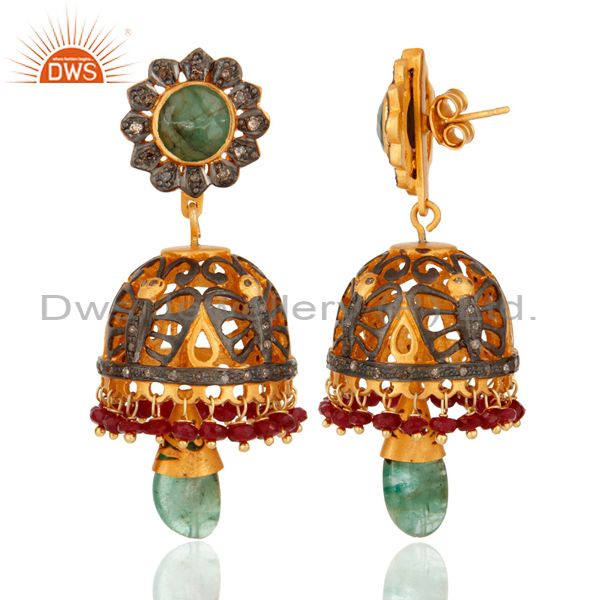 Exporter Sterling Silver Ruby & Emerald Gemstone Pave Diamond Traditional Jhumka Earring