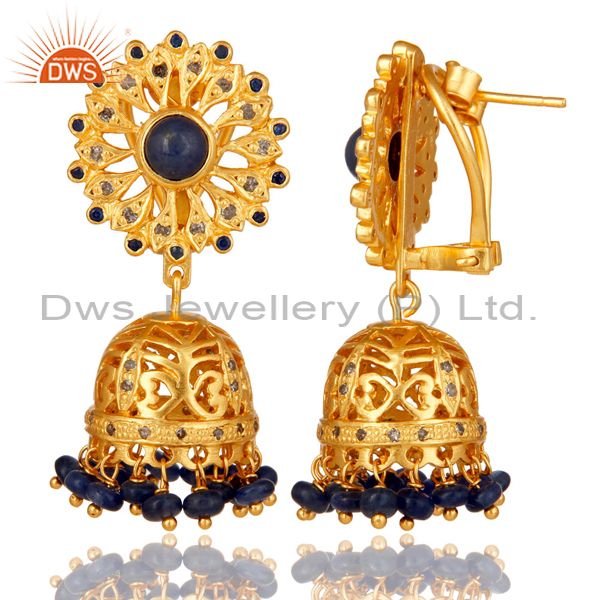 Exporter Blue Sapphire and Diamond Gold Plated 925 Silver Traditional Jhumka Earring
