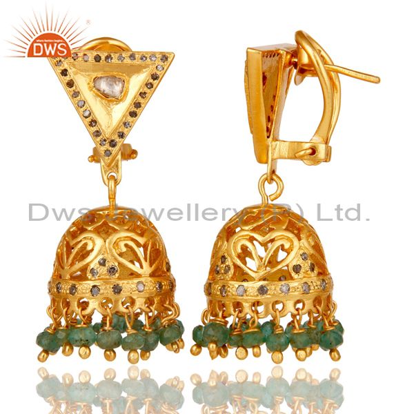 Exporter Emerald and Diamond 18K Gold Plated Sterling Silver Traditional Jhumka Earring