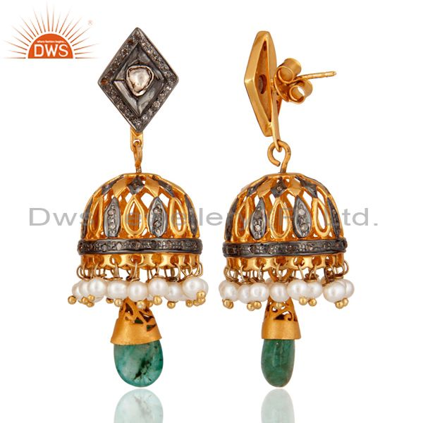 Exporter Antique Cut Diamond 925 Sterling Silver Emerald Bollywood Style Fashion Earrings
