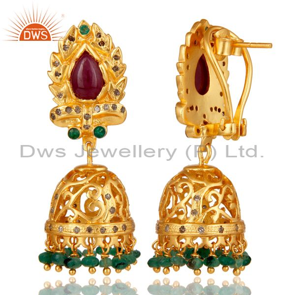 Exporter Emerald Ruby and Diamond Precious Jewelry Earring 18K Gold Plated 925 Silver