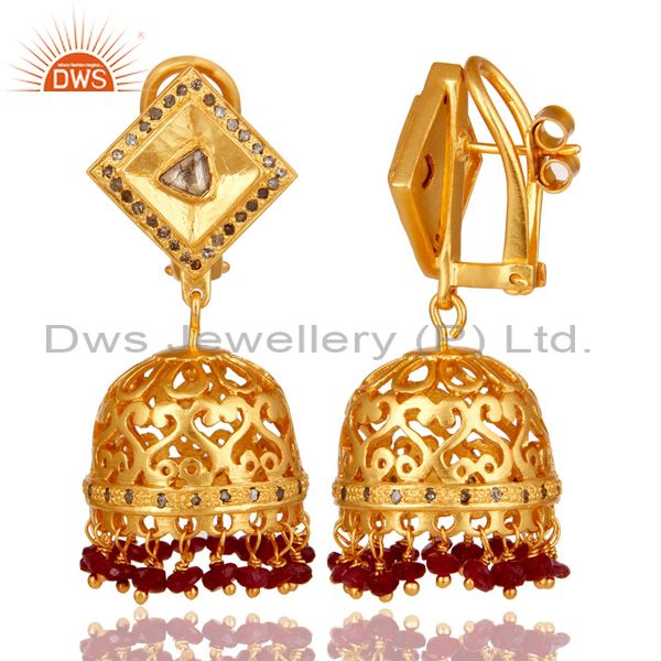 Exporter Natural Ruby and Diamond 18K Gold Plated Sterling Silver Indian Jhumki Earring