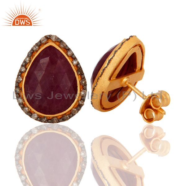 Exporter Handmade 18K Gold On 925 Sterling Silver Ruby Gemstone Pave Diamond Stud Earring