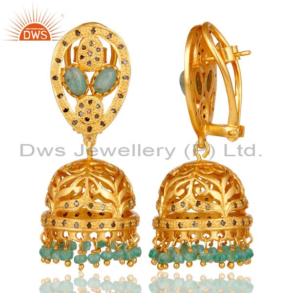 Exporter Emerald and Diamond 18K Gold Plated Sterling Silver Jhumki Earring