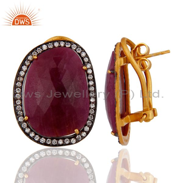 Handmade Natural Ruby Gemstone 18k Yellow Gold Plated Clip On Earrings With CZ Jewelry