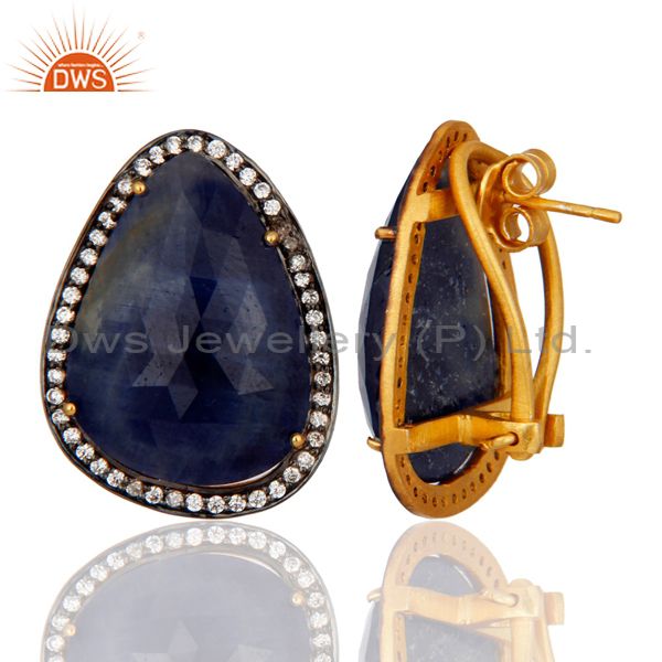 925 Sterling Silver Gold Plated Blue Sapphire Gemstone Clip On Stud Earrings Jewelry