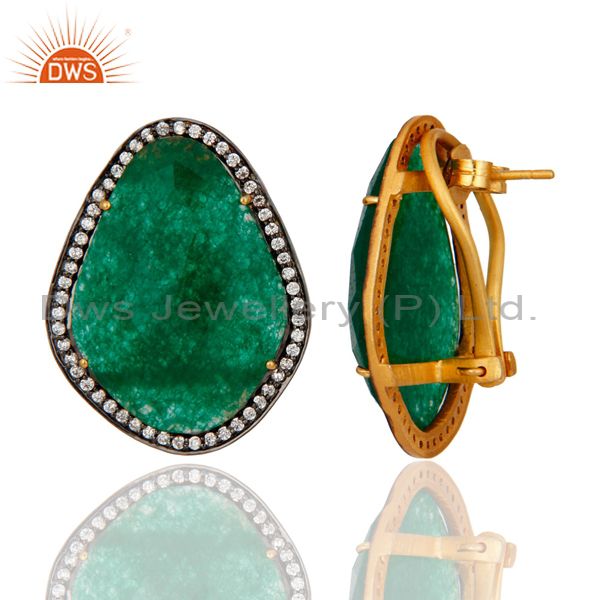 Exporter 18K Yellow Gold Plated Sterling Silver Green Aventurine Stud Earrings With CZ