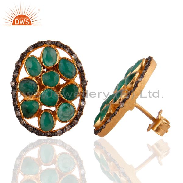 Exporter 14K Gold GP 3.770 ct Emerald Diamond Pave 925 Sterling Silver Oval Stud Earrings