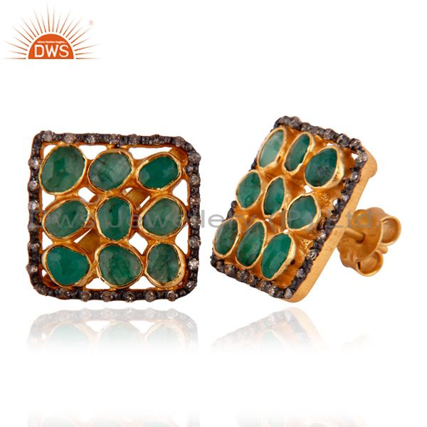 Exporter Natural Diamond Rough Slice Emerald Stud Earrings 18k Gold GP 925 Silver Jewelry
