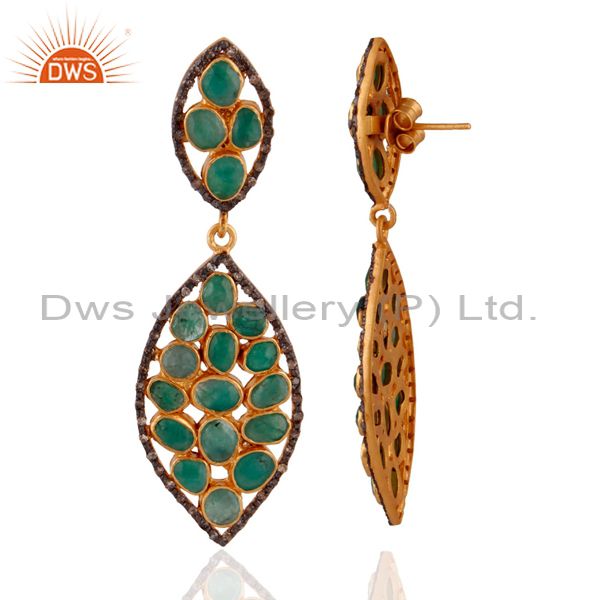 Exporter Pave Diamond .925 Sterling SIlver Emerald Slice Dangle Earrings With 24K Gold GP