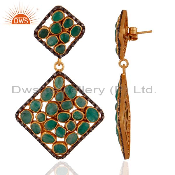 Exporter Sterling SIlver Emerald Gemstone Slice Pave Diamond Dangle Earrings 18K Gold GP