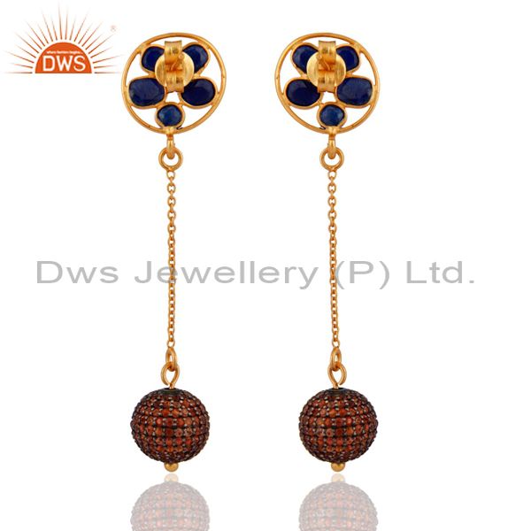 Exporter Pave Orange Sapphire Gemstone 18K Gold On Sterling Silver Chain Dangle Earrings