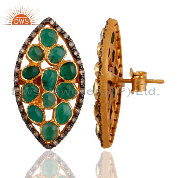 Exporter 925 Sterling Silver Pave Diamond Natural Emerald Raw Gemstone Post Stud Earrings