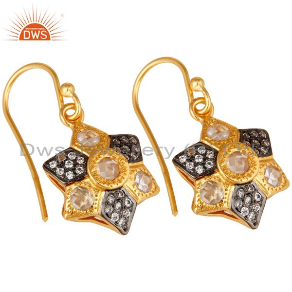Exporter 14K Yellow Gold Plated Sterling Silver Cubic Zirconia Designer Drop Earrings