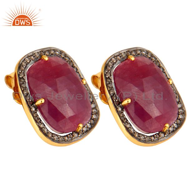 Exporter Pave Set Diamond Ruby Gemstone Stud Earring In 18K Gold Over Sterling Silver 925