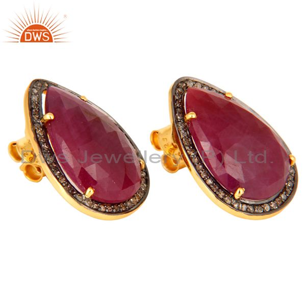 Exporter 18K Yellow Gold Plated 925 Sterling Silver Pear Shape Ruby Diamond Earring Studs