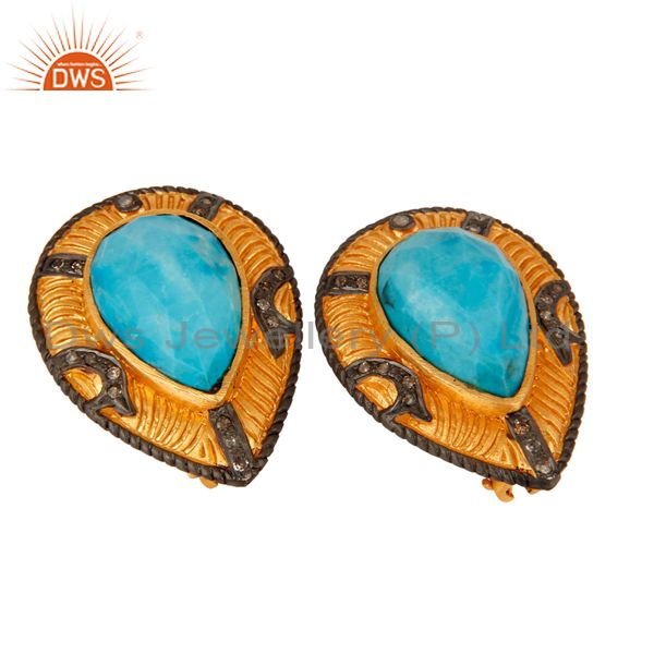 Exporter Turquoise Gemstone 925 Sterling Silver Pave Diamond Stud Earrings - Gold Plated