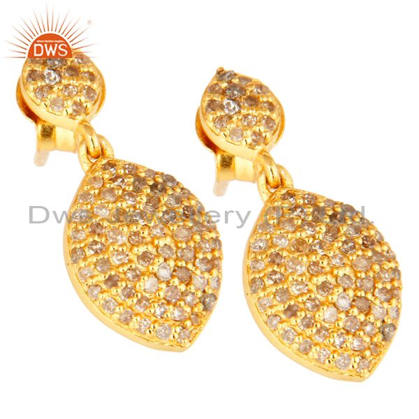 Exporter 18K Yellow Gold Over Sterling Silver Pave Set Diamond Drop Earrings